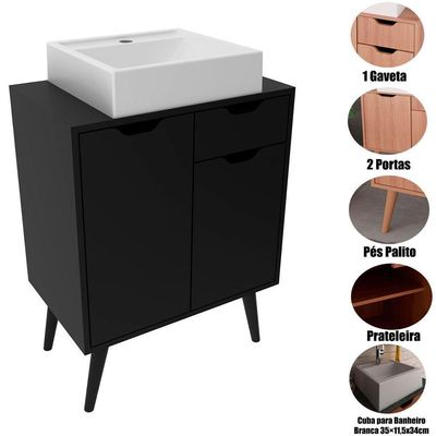 Gabinete Para Banheiro 60 Cm 2 Portas Com Cuba Meire Preto