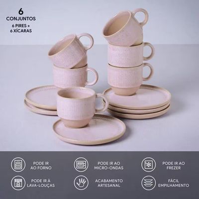 Conjunto de Xícaras de Chá com Pires Linhas Litchi 230ml 6 Peças Porto Brasil Rosa
