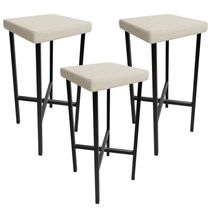 Kit 03 Banquetas Alta Bar Cozinha Sala De Jantar Preto Stella L02 Linho Champagne - Lyam Decor