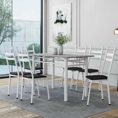 Conjunto De Mesa Sala De Jantar Leia Com 6 Cadeiras Tubular Granito 1,40m Artefamol Branco / Preto