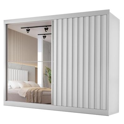 Guarda Roupas Casal 2 Portas De Correr Com Espelho Ripado 100% Mdf 4 Gavetas Malta Branco