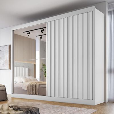 Guarda Roupas Casal 2 Portas De Correr Com Espelho Ripado 100% Mdf 4 Gavetas Malta Branco