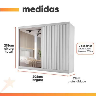 Guarda Roupas Casal 2 Portas De Correr Com Espelho Ripado 100% Mdf 4 Gavetas Malta Branco