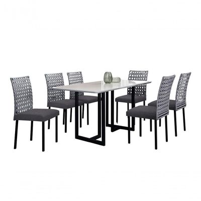 Conjunto De Jantar Lisboa Com 6 Cadeiras Base Goiás Bm Tubulares Off White-ratan Preto-linho 308