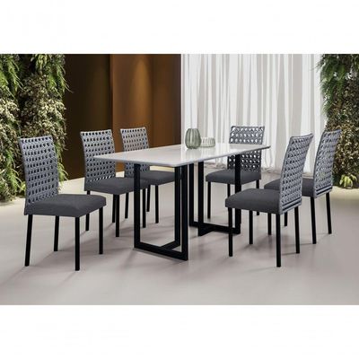 Conjunto De Jantar Lisboa Com 6 Cadeiras Base Goiás Bm Tubulares Off White-ratan Preto-linho 308