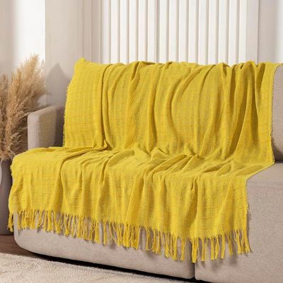 Manta Xale Rubi 2,40m X 1,70m Com Franja Para Sofá Cama 100% Algodão 01 Peça - Amarelo