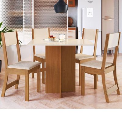 Mesa Talita Com 4 Cadeiras Freijo-off White Com Assento Em Linho - Indekes