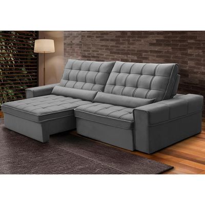 Sofá Retrátil Reclinável Para Sala 4 Lugares 290cm Nebrasca F04 Veludo Cinza Claro - Lyam Decor