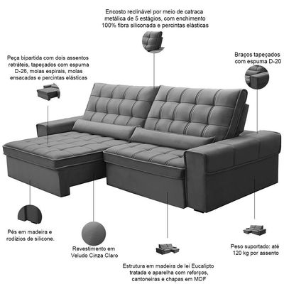 Sofá Retrátil Reclinável Para Sala 4 Lugares 290cm Nebrasca F04 Veludo Cinza Claro - Lyam Decor