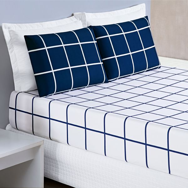 Jogo Cama Lençol Brooklyn Casal Quadriculado Micropercal 200 Fios 3 Peças - Azul Marinho