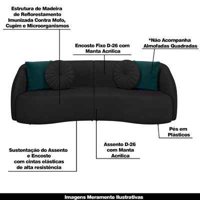 Sofá Decorativo 288cm com Almofadas Redondas Clarke PU Preto - Gran Belo