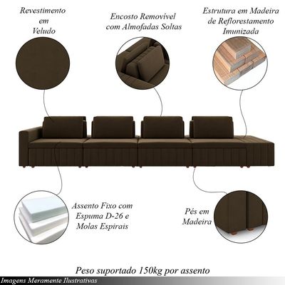 Sofá Ilha com Encosto e Almofadas Móveis Olimpo 465cm Modulado Veludo Marrom G45 - Gran Belo