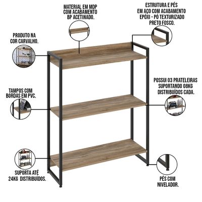 Kit 3 Estantes Multiuso Escritório Industrial 3 Prateleiras Areta 104x80cm C01 Carvalho - Lyam Decor