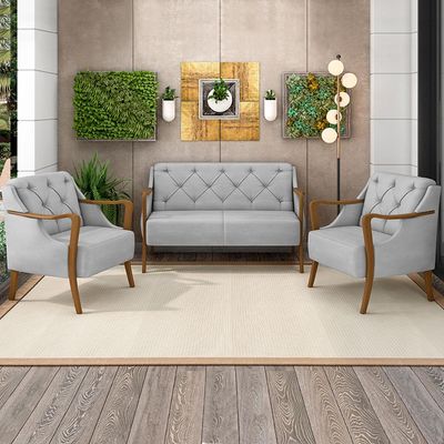 Poltrona Namoradeira Decorativa 2 Lugares Braços em Madeira Hand Veludo Cinza - Gran Belo