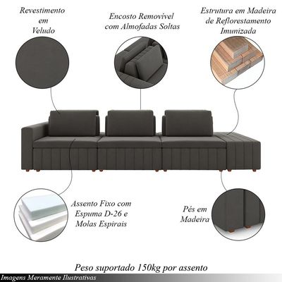 Sofá Ilha com Encosto e Almofadas Móveis Olimpo 365cm Modulado Veludo Grafite G45 - Gran Belo