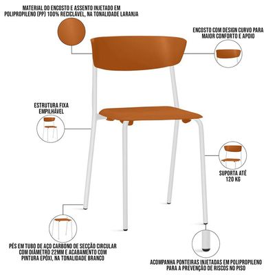 Cadeira Empilhável Fixa Atom F02 Base Aço Branco Laranja - Lyam Decor