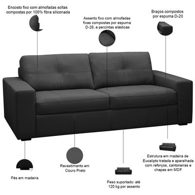 Sofá 3 Lugares Para Sala de Estar Living 205cm Vienne L06 Couro Preto - Lyam Decor
