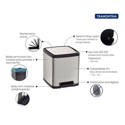 LIXEIRA TRAMONTINA OCTO AÇO INOX COM BALDE REMOVíVEL E PEDAL 10L 94544/410