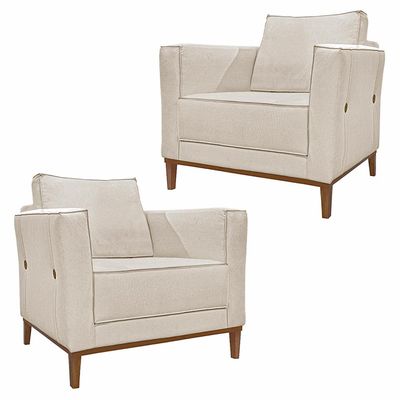 Kit 2 Poltronas Decorativas Pés em Madeira Tarantino Linho Off White Rústico - Gran Belo