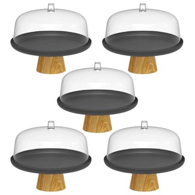 Kit 5 Boleiras com Tampa 25cm Pé Bambu Prato para Bolo Torta Doces Padaria Ou Lume Preto