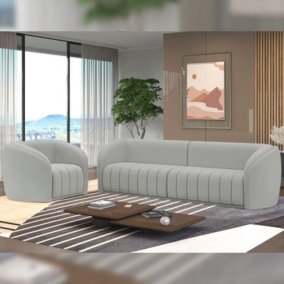 Conjunto Sala de Estar Sofá 252cm 3 Lugares e Poltrona Adam Veludo Cinza Claro G45 - Gran Belo