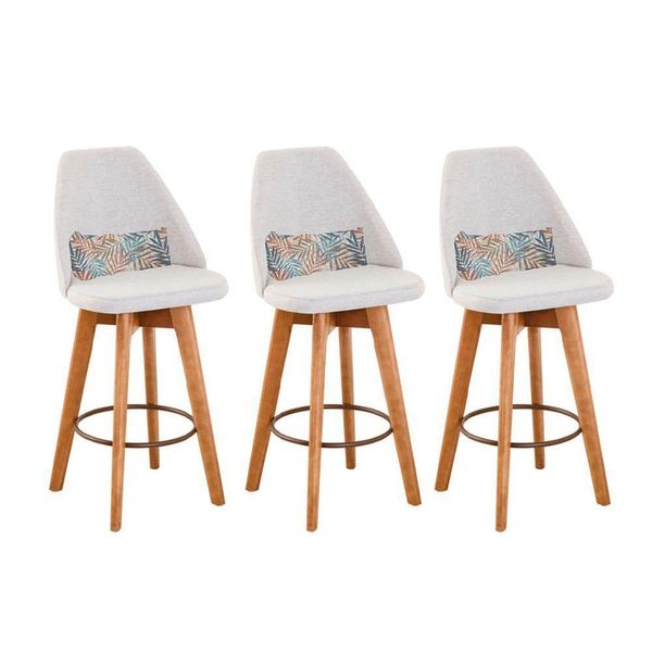 Kit 03 Banquetas Bege Claro E Almofada Folhas