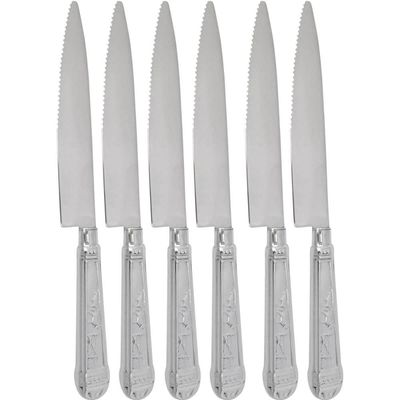 Jogo 6 Facas Mesa Churrasco Aço Inox 24cm Modelo Prateada Serrilhada