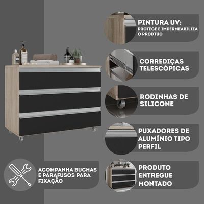 Gabinete Banheiro Rodinhas Joia 80cm 03 Gavetas Madeirado Preto