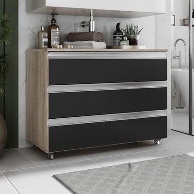 Gabinete Banheiro Rodinhas Joia 80cm 03 Gavetas Madeirado Preto