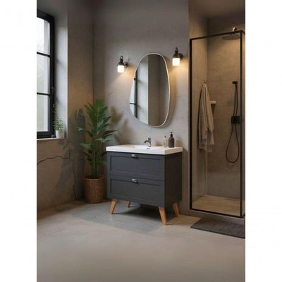 Gabinete Para Banheiro Com Cuba E Espelho Organico 80cm Retro Mdf Grafite Milano - On Móveis