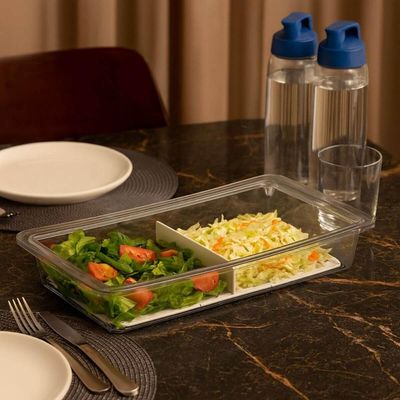 Kit 2 Travessas Plásticas Retangulares Tampa Hermética 3,4L Transparente com Divisória Crippa