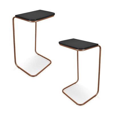 Kit 2 Mesas Lateral Tampo Multiuso P/ Sofá Base Bronze Preto