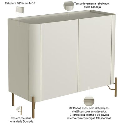 Buffet Para Sala de Jantar 2 Portas 1 Gaveta Pés Industrial Dourado Naim I03 Luna - Lyam