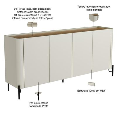 Buffet Para Sala de Jantar 4 Portas 1 Gaveta Pés Industrial Preto Naim I03 Luna Louro - Lyam