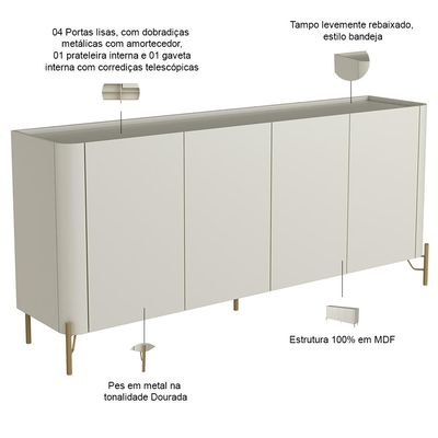 Buffet Para Sala de Jantar 4 Portas 1 Gaveta Pés Industrial Dourado Naim I03 Luna - Lyam