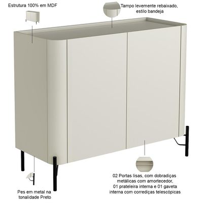Buffet Para Sala de Jantar 2 Portas 1 Gaveta Pés Industrial Preto Naim I03 Luna - Lyam