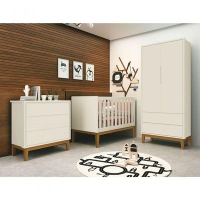 Jogo De Quarto Para Bebê Completo 2 Portas Classic New Areia Fosco Com Madeira - Moveisaqui