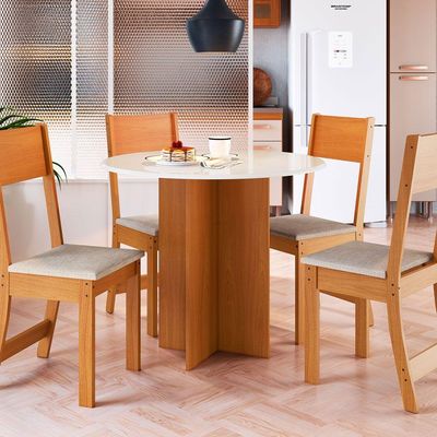 Conjunto Mesa De Jantar Alice Sofia Redonda 4 Cadeiras Freijó Offwhite Linho - Indekes