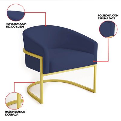 Poltrona Sala Decorativa Industrial Dourada Kit 2 Arielle Suede Azul Marinho D03 - D'Rossi