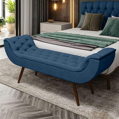 Recamier Puff Estofado Casal 140 Cm Drusa Veludo Azul Marinho
