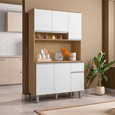 Kit Cozinha Compacta 6 Portas 105 Cm Marcia Amendoa Branco Reajl Moveis Amendoa Branco