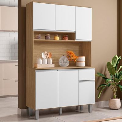 Kit Cozinha Compacta 6 Portas 105 Cm Marcia Amendoa Branco Reajl Moveis Amendoa Branco