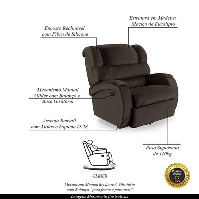 Poltrona do Papai Sala de Cinema Reclinável Kylie Glider Manual Giratória PU Marrom G23