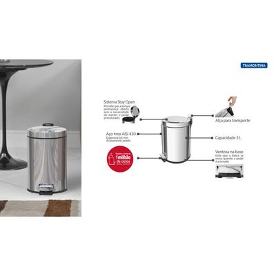 Lixeira Inox com Pedal Tramontina Brasil com Acabamento Polido e Balde Interno 3 L