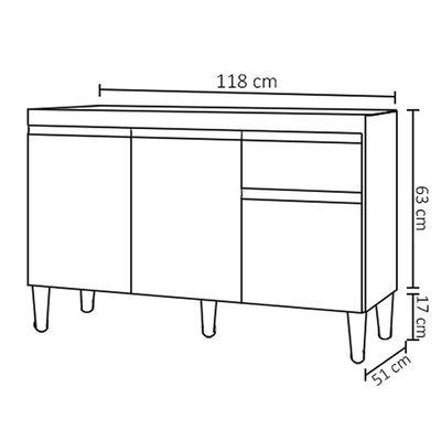 Balcão Gabinete 3 Portas Cozinha 120cm Tatiane Sem Tampo Ajl