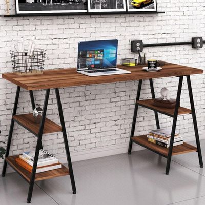 Kit Mesa Cavalete 150 cm com Estante 5 Prateleiras Estilo Industrial Form C01 Nogal - Lyam Decor