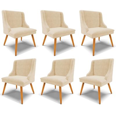 Kit 6 Cadeiras Decorativas Sala de Jantar Pés Palito de Madeira Firenze Suede Bege/Natural G19 - Gran Belo