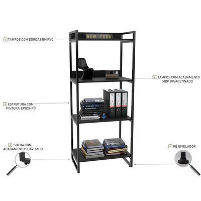 Estante Multiuso 4 Prateleiras Escritório Estilo Industrial Form C01 146x60 Preto Onix - Lyam Decor