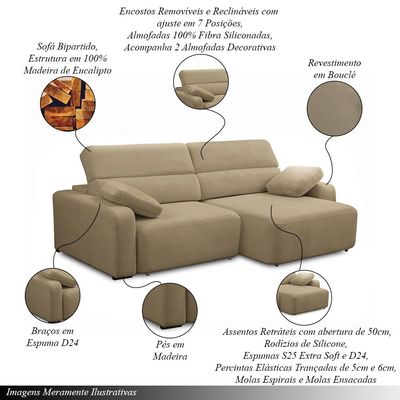 Sofá Decorativo Sala de Estar Ícaro 3 Lugares 260cm Reclinável e Retrátil Bouclê Bege