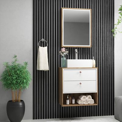 Balcão Gabinete Para Banheiro 60cm Com 02 Gavetas Gael B06 Branco Nogal - Lyam Decor